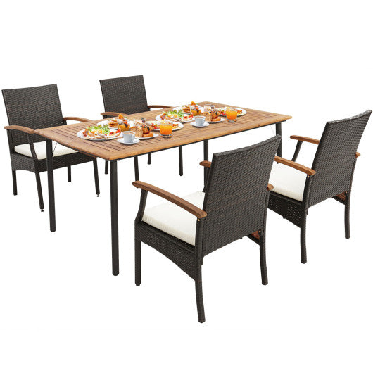 Costway 5 Pieces Patio Wicker Cushioned Dining Set with Wood Armrest and Umbrella Hole