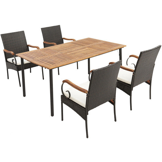 Costway 5 Pieces Patio Wicker Dining Set with Detachable Cushion and Umbrella Hole