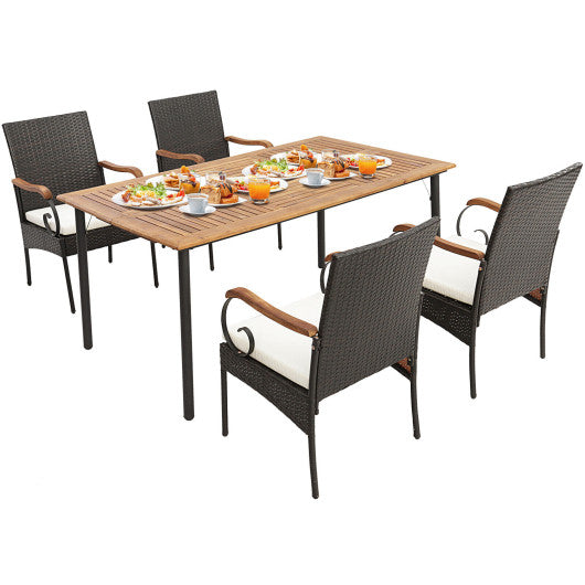 Costway 5 Pieces Patio Wicker Dining Set with Detachable Cushion and Umbrella Hole
