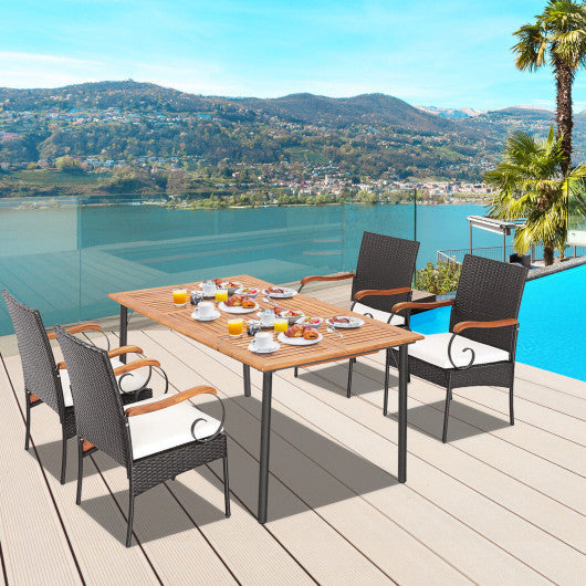 Costway 5 Pieces Patio Wicker Dining Set with Detachable Cushion and Umbrella Hole