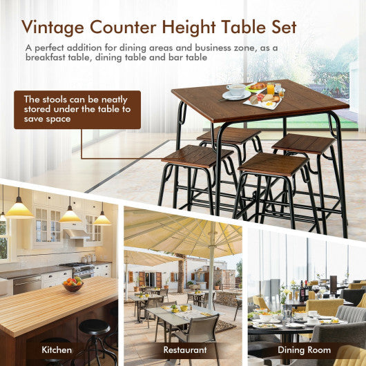 Costway 5 Pieces Rustic Brown Bar Table Set with 4 Counter Height Backless Stools