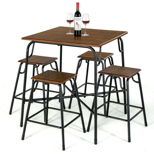 Costway 5 Pieces Rustic Brown Bar Table Set with 4 Counter Height Backless Stools