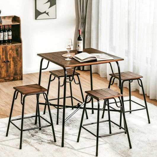 Costway 5 Pieces Rustic Brown Bar Table Set with 4 Counter Height Backless Stools