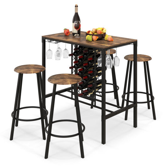 Costway 5 Pieces Rustic Brown Bar Table and Stools Set with Wine Rack and Glass Holder