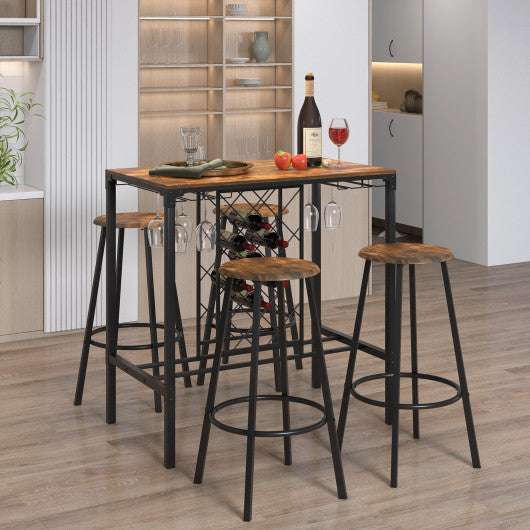Costway 5 Pieces Rustic Brown Bar Table and Stools Set with Wine Rack and Glass Holder