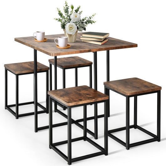 Costway 5 Pieces Walnut Metal Frame Dining Set with Compact Dining Table and 4 Stools