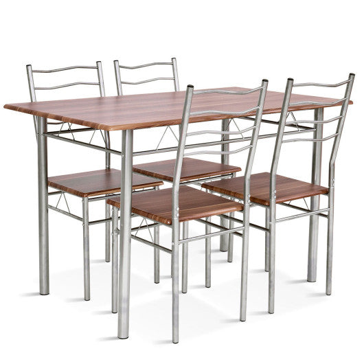Costway 5 Pieces Walnut Wood Metal Dining Table Set with 4 Chairs