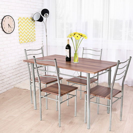 Costway 5 Pieces Walnut Wood Metal Dining Table Set with 4 Chairs