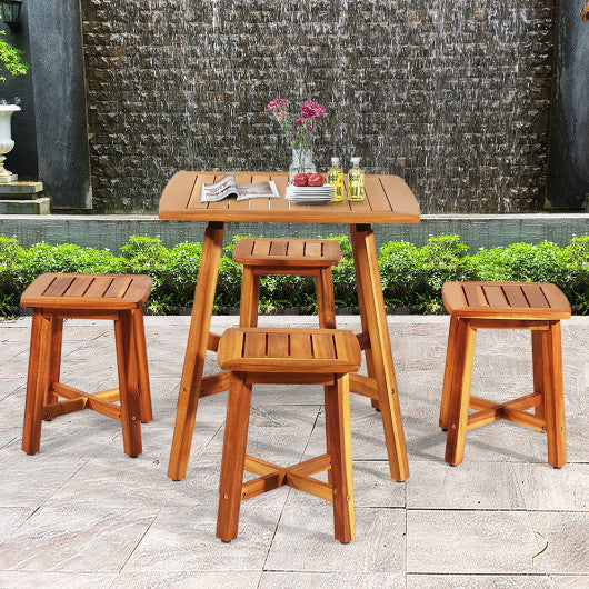 Costway 5 Pieces Wood Patio Dining Set with Square Table and 4 Stools
