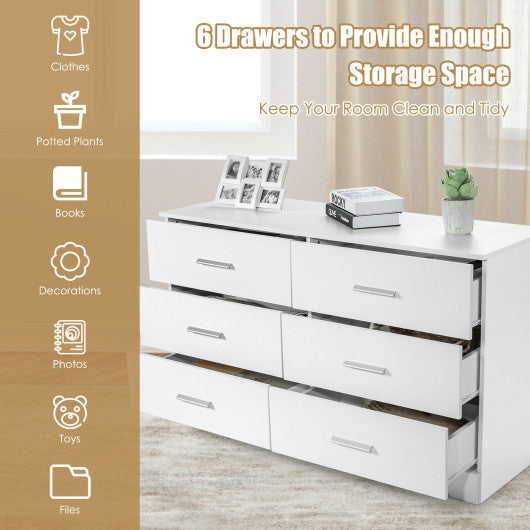 Costway 6 Drawer White Double Dresser Chest of Drawers Storage Cabinet Organizer