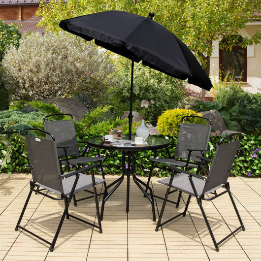 Costway 6 Pieces Gray Patio Dining Set Folding Chairs Glass Table Tilt Umbrella for Garden