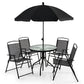 Costway 6 Pieces Gray Patio Dining Set Folding Chairs Glass Table Tilt Umbrella for Garden