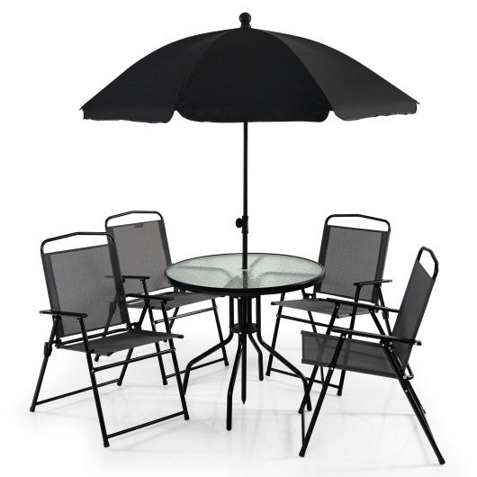 Costway 6 Pieces Gray Patio Dining Set Folding Chairs Glass Table Tilt Umbrella for Garden