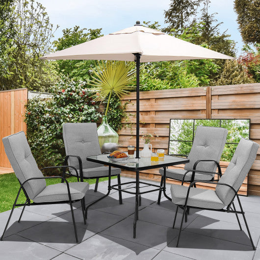 Costway 6 Pieces Patio Dining Set with Umbrella and Stackable Cushioned Chairs