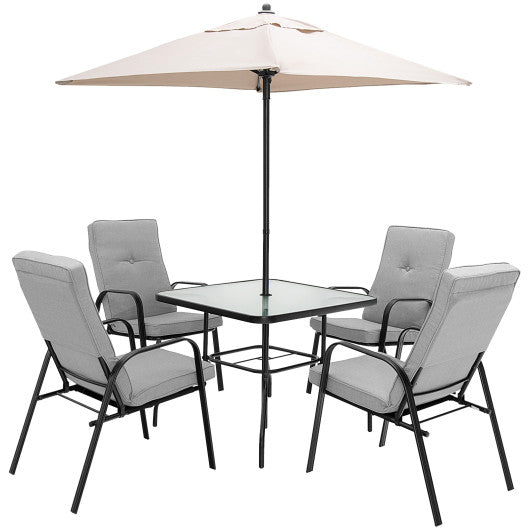 Costway 6 Pieces Patio Dining Set with Umbrella and Stackable Cushioned Chairs