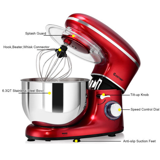 Costway 6 Speed 6.3 Qt Tilt-Head Red Stainless Steel Electric Food Stand Mixer