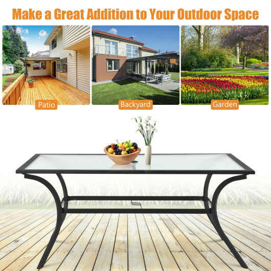 8 glass top rectangular patio dining table with umbrella hole Costway 66" x 38" Patio Dining Glass Table Oversize Rectangular with U – Kitchen Oasis