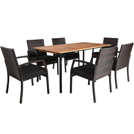 Costway 7 Pieces Black Patio Rattan Cushioned Dining Set with Umbrella Hole