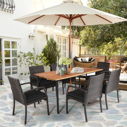 Costway 7 Pieces Black Patio Rattan Cushioned Dining Set with Umbrella Hole