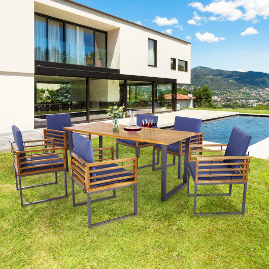 Costway 7 Pieces Navy Patio Acacia Wood Dining Chair and Table Set for Backyard and Poolside