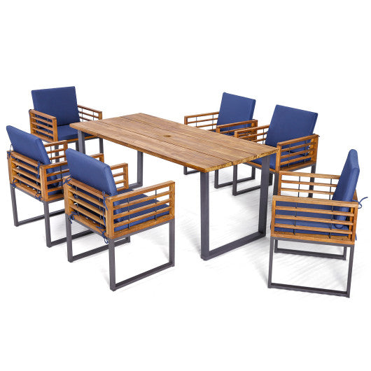 Costway 7 Pieces Navy Patio Acacia Wood Dining Chair and Table Set for Backyard and Poolside