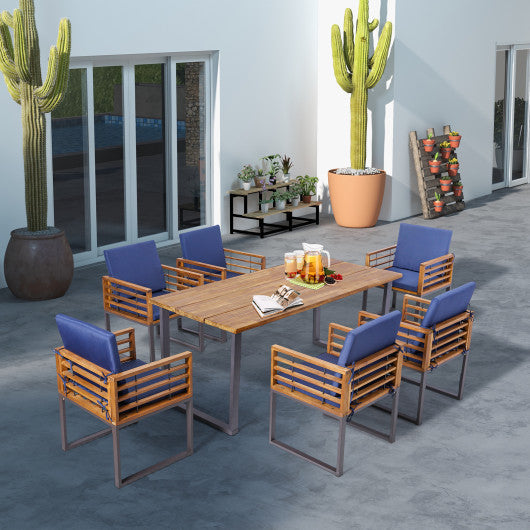 Costway 7 Pieces Navy Patio Acacia Wood Dining Chair and Table Set for Backyard and Poolside