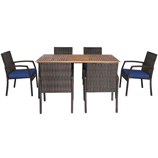 Costway 7 Pieces Navy Patio Rattan Cushioned Dining Set with Umbrella Hole