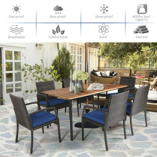Costway 7 Pieces Navy Patio Rattan Cushioned Dining Set with Umbrella Hole