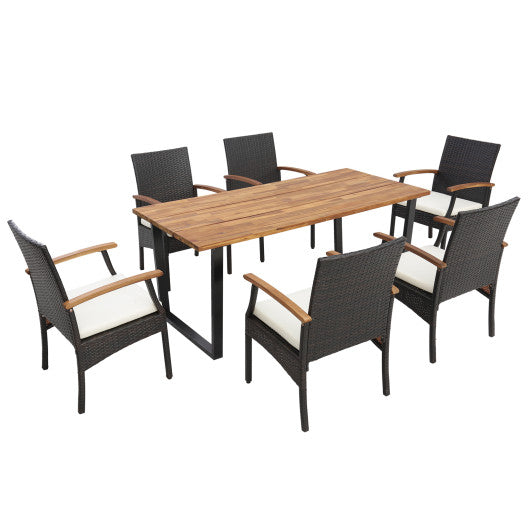 Costway 7 Pieces Outdoor Wicker Chair and Dining Table Set - Wood Handrail