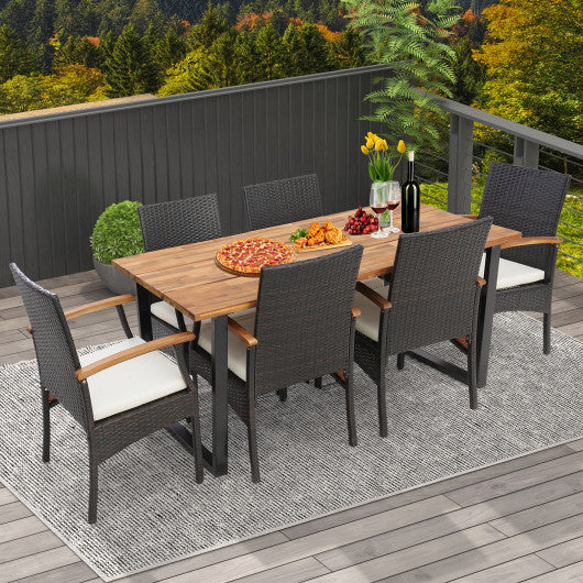 Costway 7 Pieces Outdoor Wicker Chair and Dining Table Set - Wood Handrail