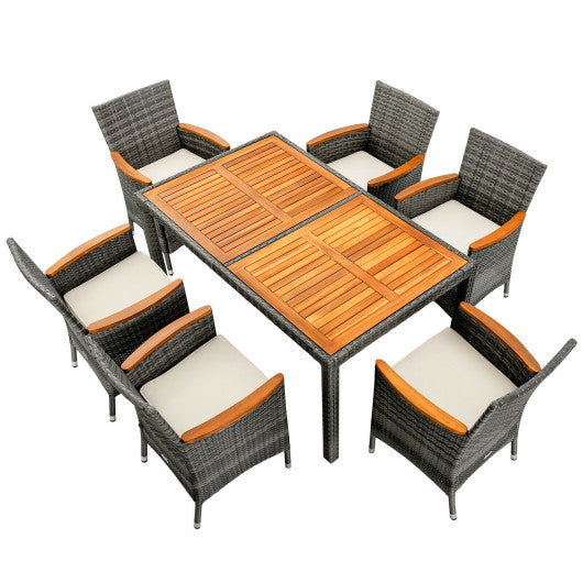 Costway 7 Pieces Patio Acacia Wood Cushioned PE Rattan Wicker Dining Set