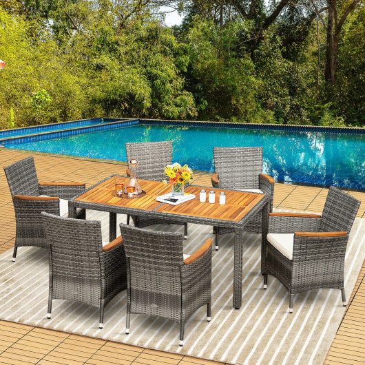 Costway 7 Pieces Patio Acacia Wood Cushioned PE Rattan Wicker Dining Set