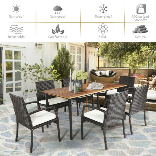 Costway 7 Pieces Patio Rattan Cushioned Dining Set with Umbrella Hole