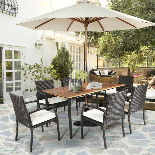 Costway 7 Pieces Patio Rattan Cushioned Dining Set with Umbrella Hole