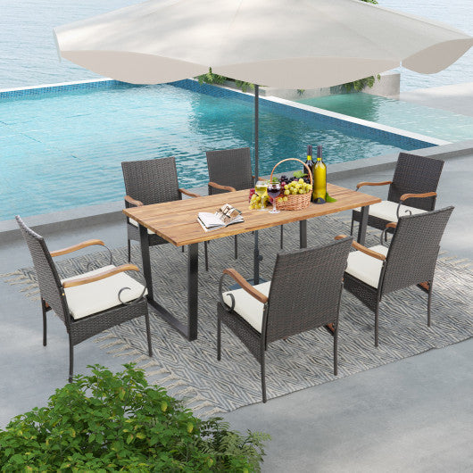 Costway 7 Pieces Patio Rattan Dining Set with 2 Inches Umbrella Hole - Curved Handrail