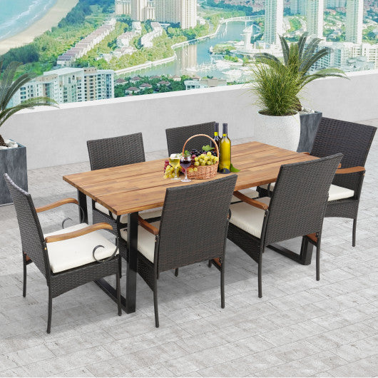 Costway 7 Pieces Patio Rattan Dining Set with 2 Inches Umbrella Hole - Curved Handrail