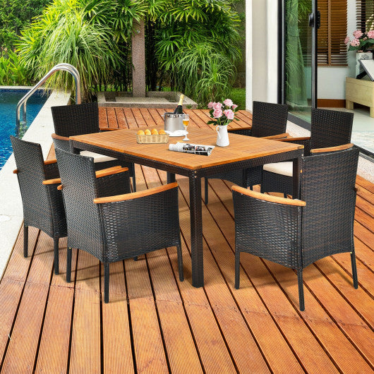 Costway 7 Pieces Patio Rattan Dining Set with Armrest Cushioned Chair and Umbrella Hole