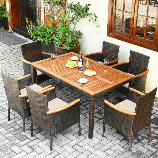 Costway 7 Pieces Patio Rattan Dining Set with Armrest Cushioned Chair and Umbrella Hole