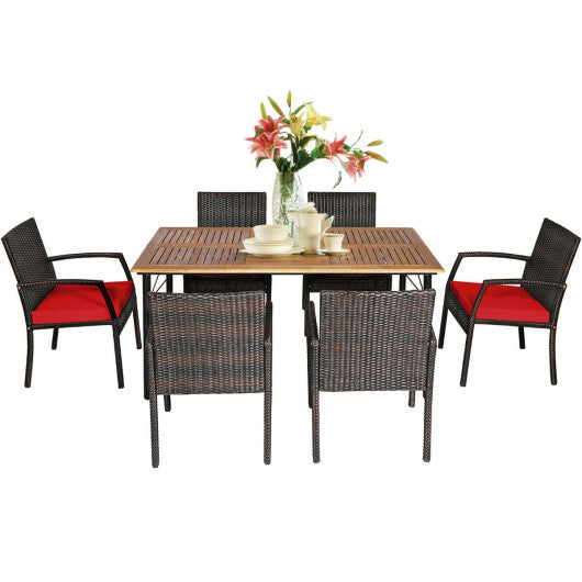 Costway 7 Pieces Red Patio Rattan Cushioned Dining Set with Umbrella Hole