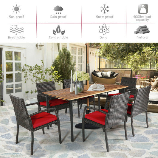 Costway 7 Pieces Red Patio Rattan Cushioned Dining Set with Umbrella Hole