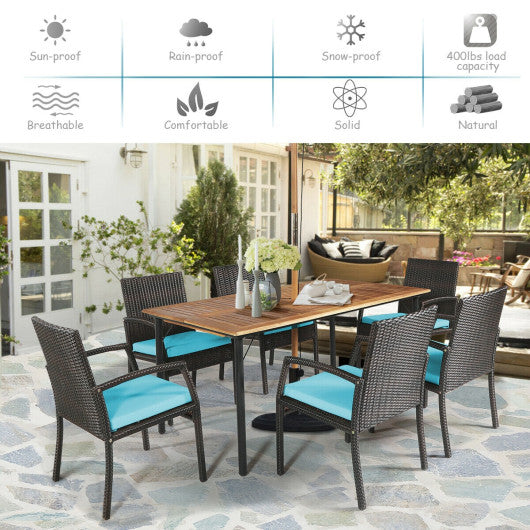 Costway 7 Pieces Turquoise Patio Rattan Cushioned Dining Set with Umbrella Hole