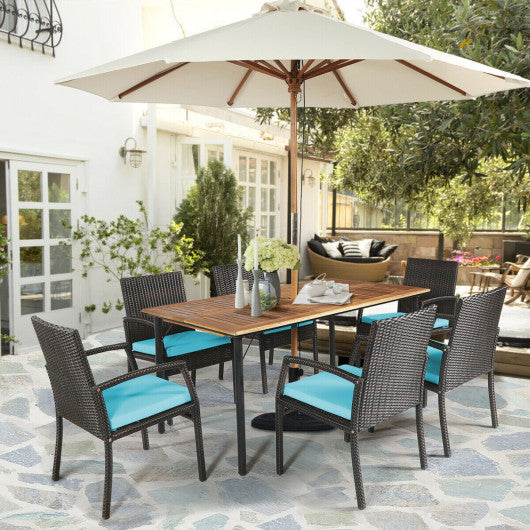 Costway 7 Pieces Turquoise Patio Rattan Cushioned Dining Set with Umbrella Hole