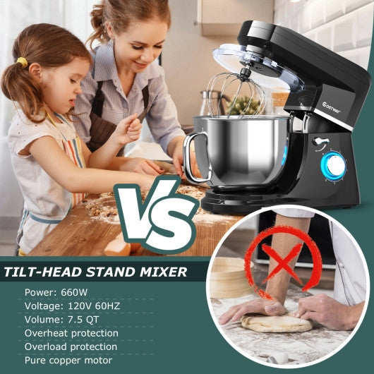 Costway 7.5 QT Black Tilt-Head Stand Mixer 6 Speed 660W with Dough Hook Beater