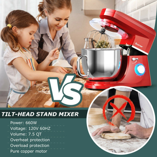 Costway 7.5 QT Red Tilt-Head Stand Mixer 6 Speed 660W with Dough Hook Beater