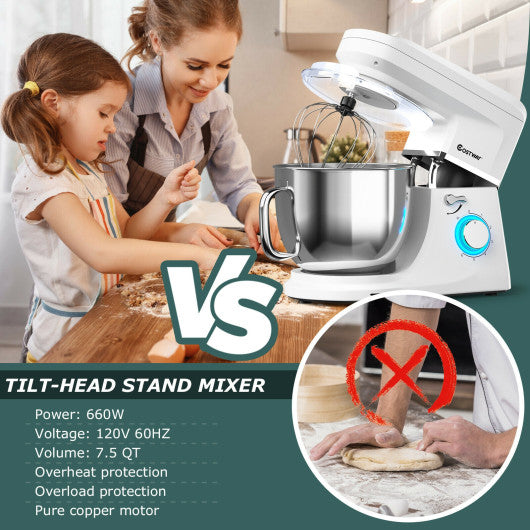 Costway 7.5 QT White Tilt-Head Stand Mixer 6 Speed 660W with Dough Hook Beater