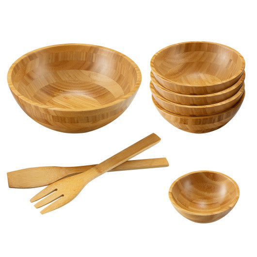 Costway 8 Pieces Natural Bamboo Salad Bowl Set with Server Utensils