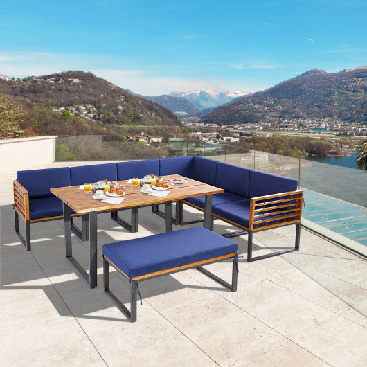 Costway 8 Pieces Navy Patio Acacia Wood Dining Table Set with Ottoman Cushions