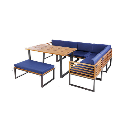 Costway 8 Pieces Navy Patio Acacia Wood Dining Table Set with Ottoman Cushions