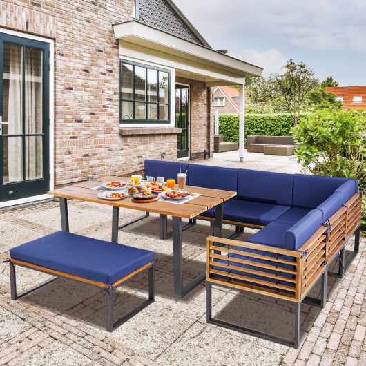 Costway 8 Pieces Navy Patio Acacia Wood Dining Table Set with Ottoman Cushions