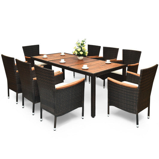 Costway 9 Pieces Patio Rattan Dining Set with Stackable Chairs Cushioned and Acacia Wood Table Top